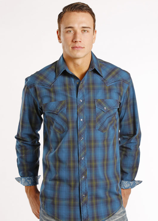 Panhandle Slim long sleeve snap shirt blue plaid – Los Potrillos ...