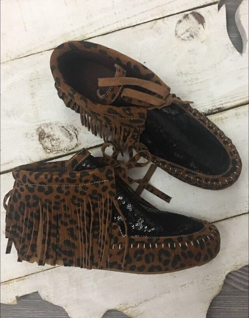 Leopard and Black Sequin Moccasins 