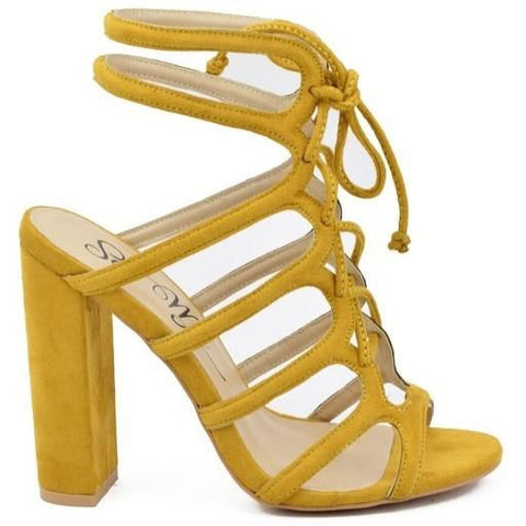 mustard block heel shoes