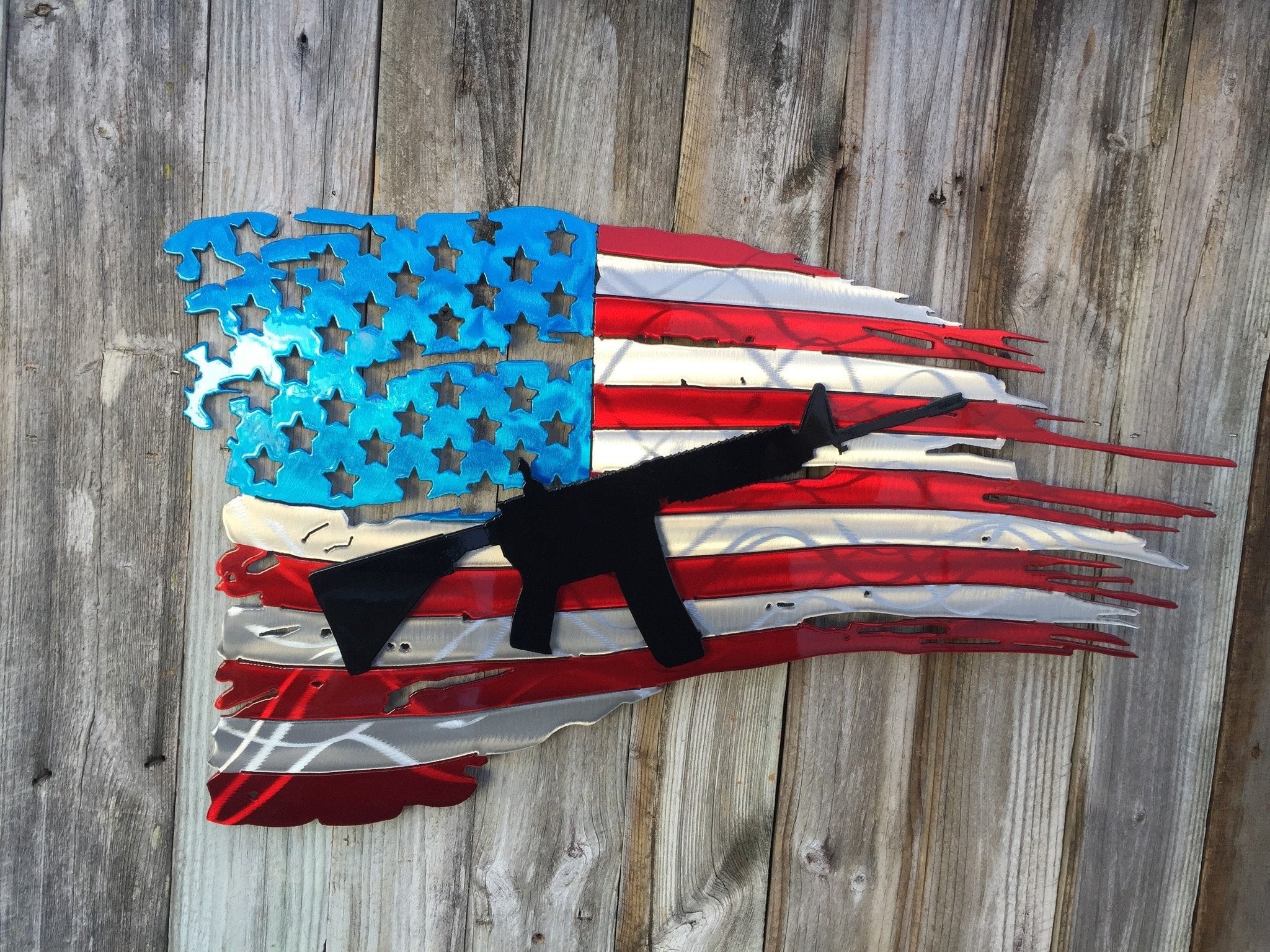 Tattered American Flag With Ar15 Rifle As Second Layer Advanced