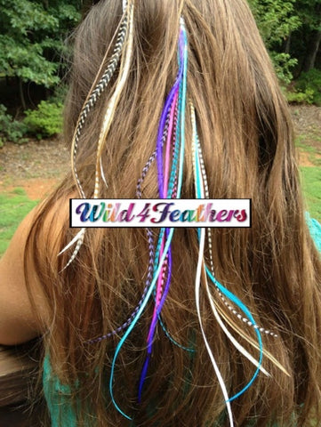 Feather Hair Extension Clip in Blue, Turquoise, Pale Blue and