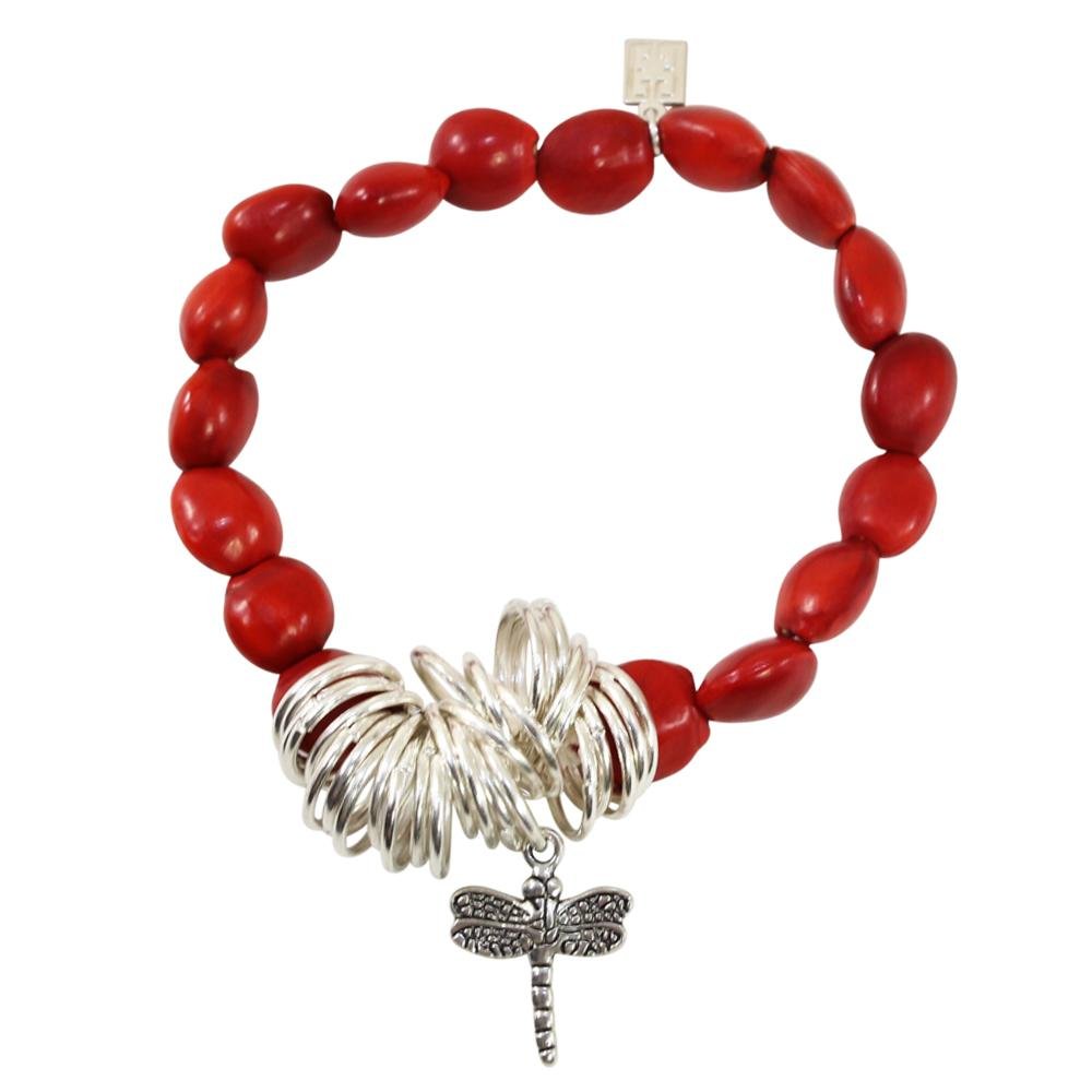 Dragonfly Charm Stretchy Bracelet w/Meaningful Good Luck, Prosperity, Love Huayruro Seeds