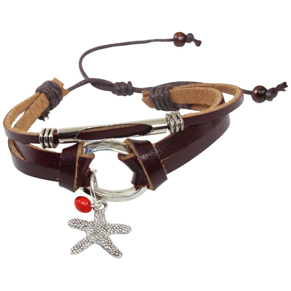 Starfish Charm Adjustable Leather Bracelet for Women w/Huayruro Seed