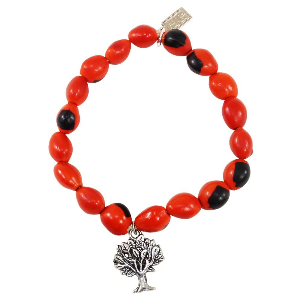 Tree of Life Charm Stretchy Bracelet w/Meaningful Good Luck, Prosperity, Love Huayruro Seeds