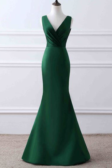 Elegant Dark Green V-neck Ruffled Mermaid Evening Prom Gown | LizProm