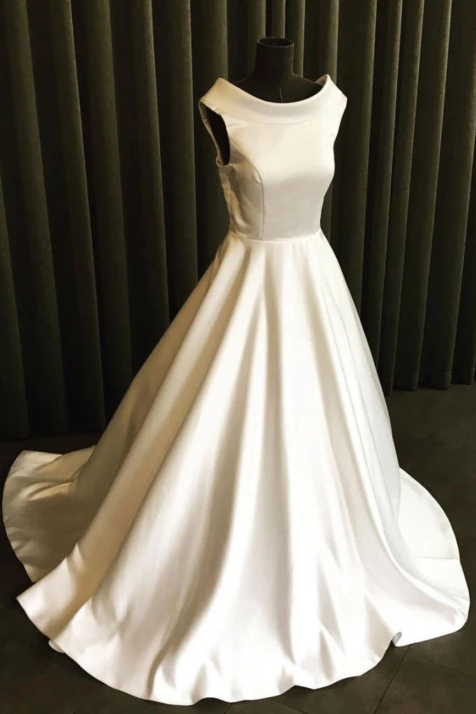 Simple White Sleeveless Bateau Prom Gown Wedding Dress | LizProm