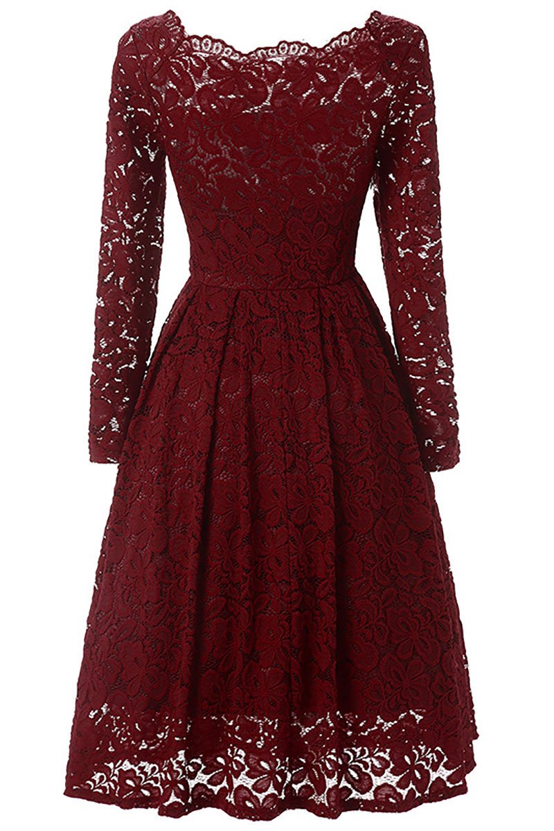 Burgundy A-line Lace Homecoming Dress With Long Sleeves | LizProm