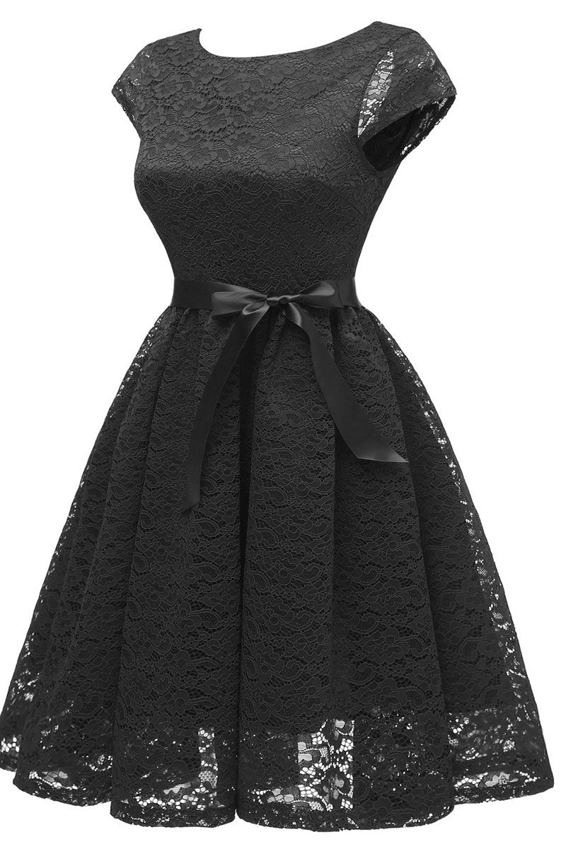 Black Cap Sleeves Lace Short Homecoming Dress | LizProm