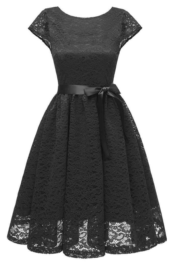 Black Cap Sleeves Lace Short Homecoming Dress | LizProm