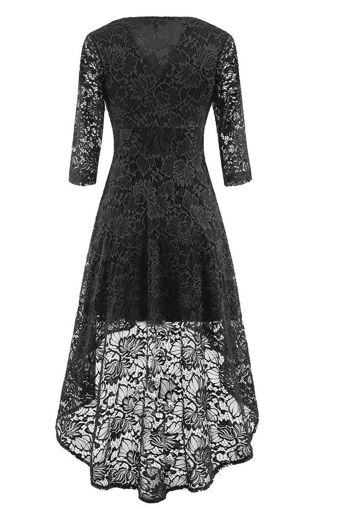 Black High Low Lace Homecoming Dress With Long Sleeves | LizProm