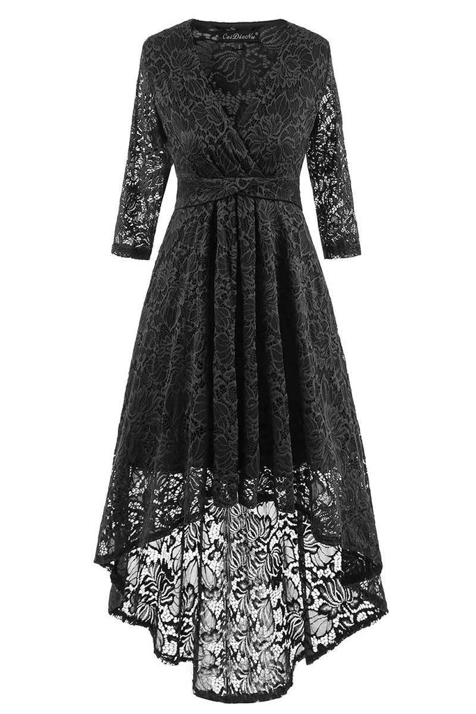 Black High Low Lace Homecoming Dress With Long Sleeves – LizProm