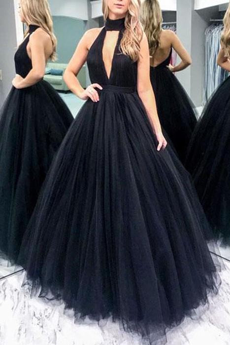 Black High Fashion Cut Out Backless Tulle High Neck Evening Ball Gown ...