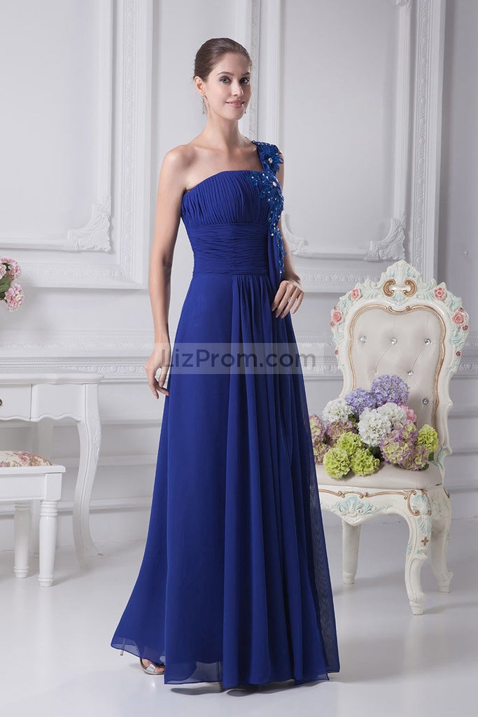 Blue One Shoulder A-line Beaded Prom Dress | LizProm