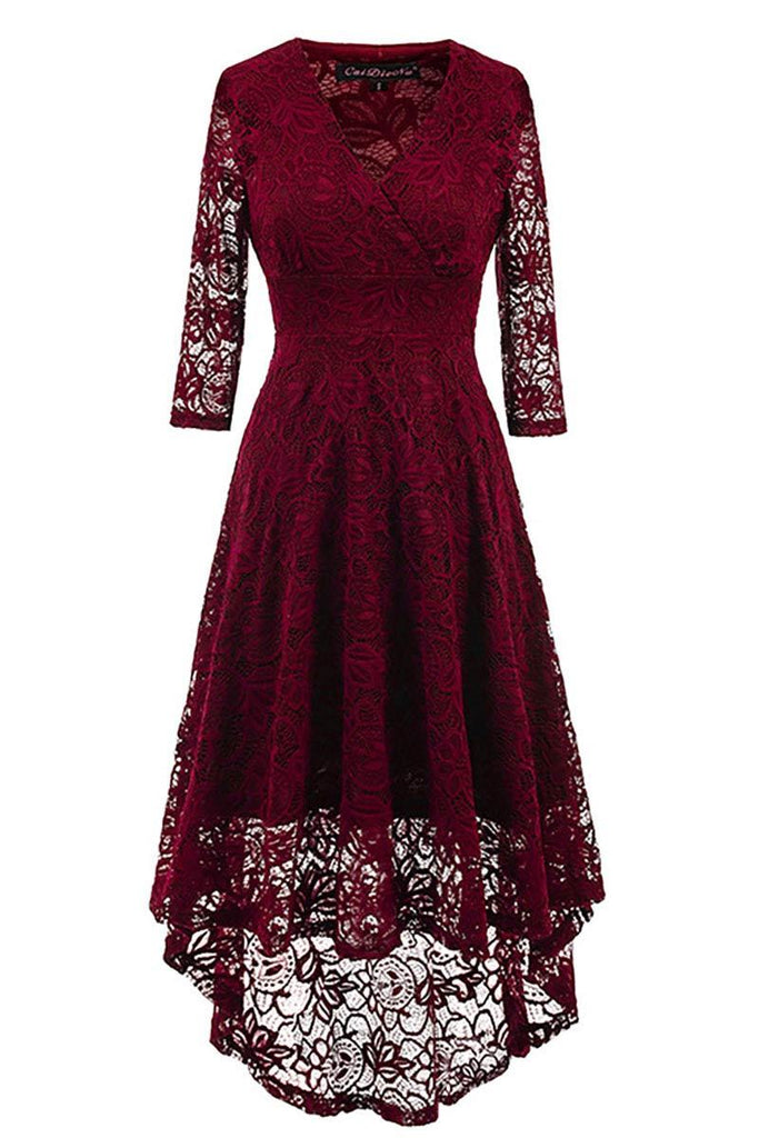burgundy lace high low dress