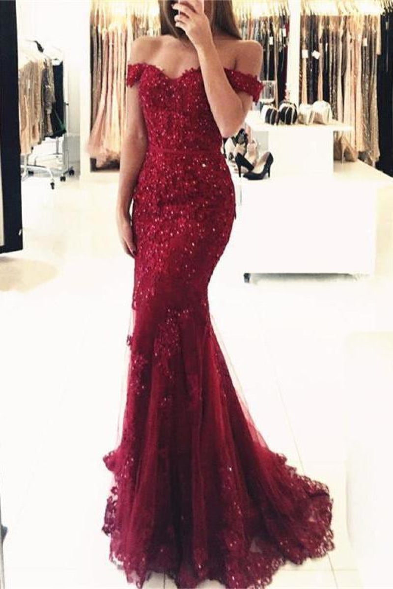 Burgundy Off-the-Shoulder Mermaid Lace Beaded Prom Dress | LizProm
