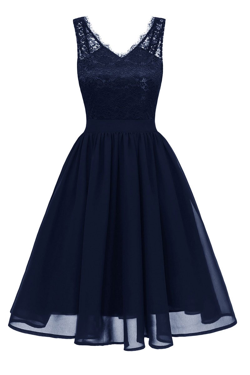Dark Navy V-neck Lace A-line Homecoming Dress | LizProm