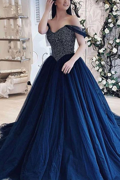 Elegant Dark Navy Off The Shoulder Backless Beaded Evening Ball Gown ...