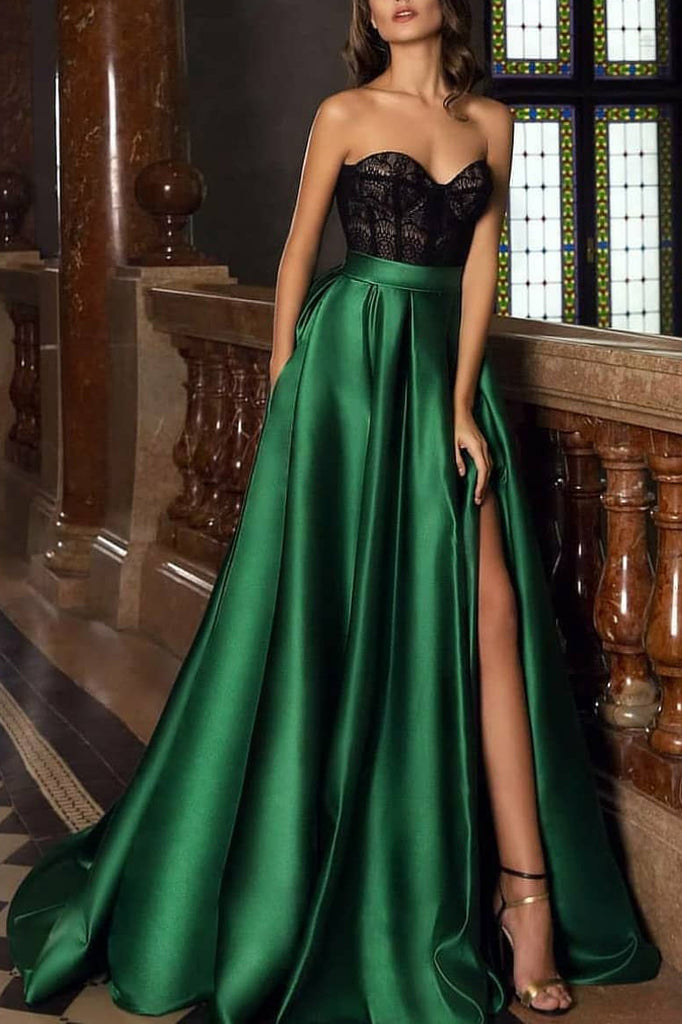 Elegant Strapless A-line Sweetheart Lace Slit Evening Prom Dress | LizProm