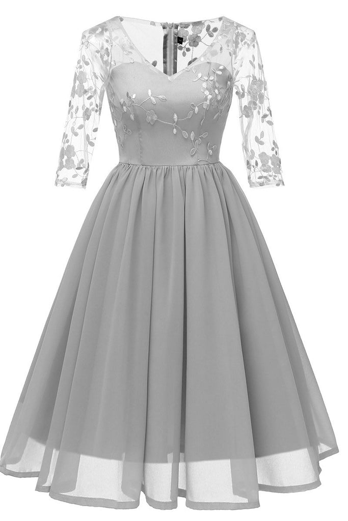 Champagne A-line Applique V-neck Homecoming Dress With Sleeves – LizProm