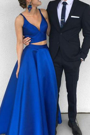 Elegant Royal Blue Two Piece A-Line Prom Dress Formal Evening Gown ...