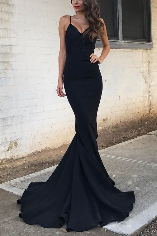 Simple Black Mermaid Spaghetti Straps V-neck Prom Dress | LizProm