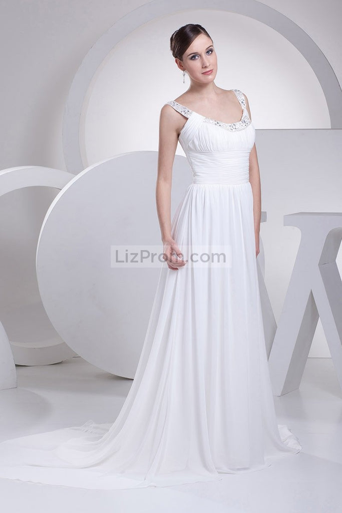 White Ruffled Beaded A-line Prom Evening Dress | LizProm