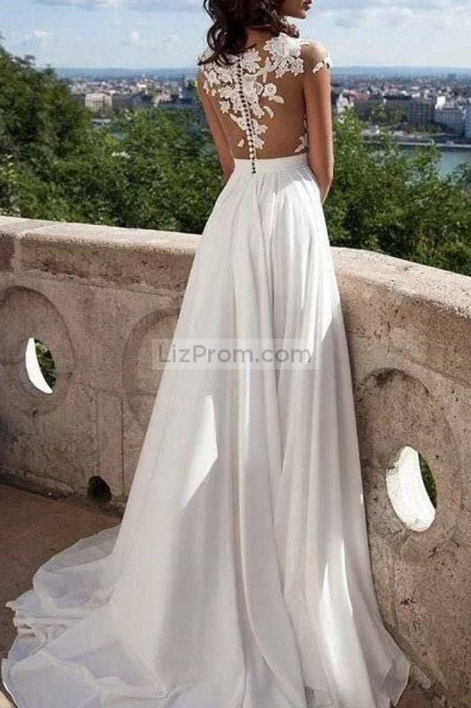 White Appliques Thigh High Slit Cap Sleeves Prom Dress Lizprom 1617