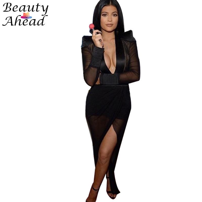 Kylie Jenner dress New Fashion Deep v-neck long sleeve perspective elegant  maxi dresses plus size irregular hem woman club dress – Girl Stylo