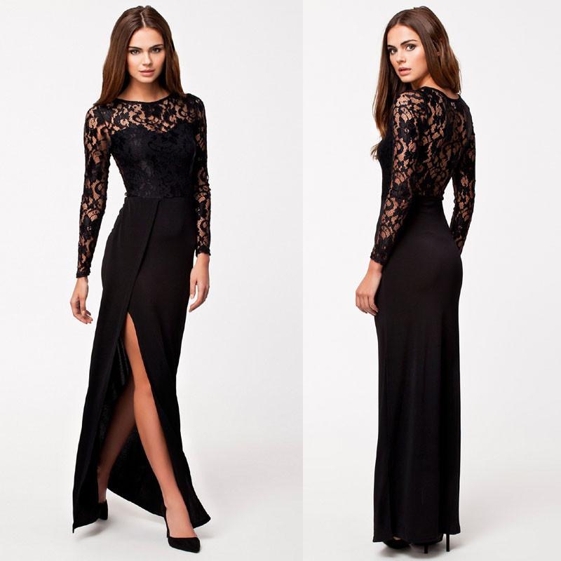 Brand Design O Neck Slim One Piece Lace Dress Black Long Sleeve Party Dress Women Ankle Length Long Maxi Dress C1297 Girl Stylo