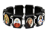 Elasticated Black Wood Large Square Assorted Catholic Saints Bracelet with Silver Color Beads Spacer - Elasticated Black Wood Large Square Assorted Catholic Saints Bracelet with Silver Color Beads Spacer