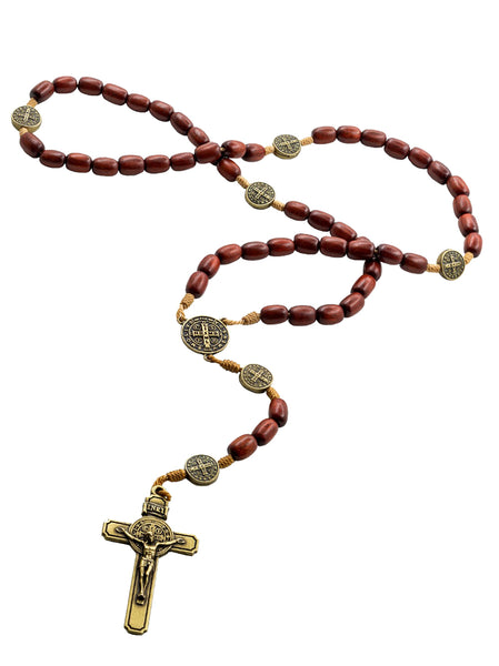 Mens Cherry Wood Rosary with 7 Saint Benedict Metal Medallions and Cru ...