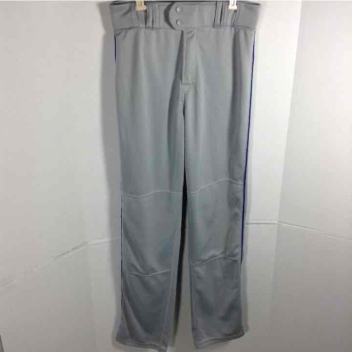 gray baseball pants with blue stripe