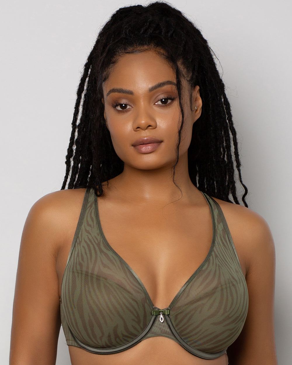 Sheer Mesh Plunge T-Shirt Bra - Olive Waves