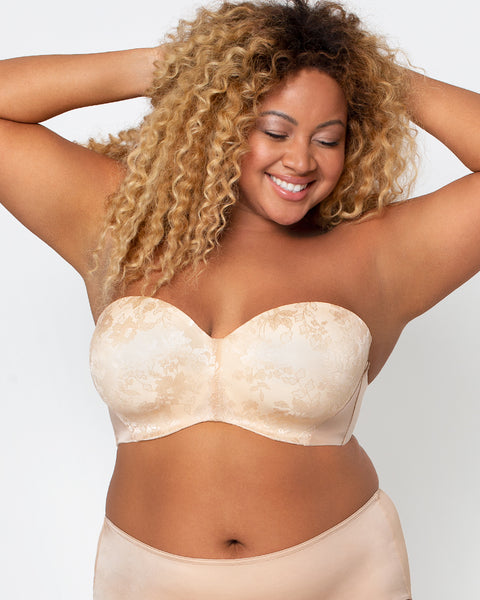 Peach Microfiber & Lace Strappy Push-Up Strapless Bra