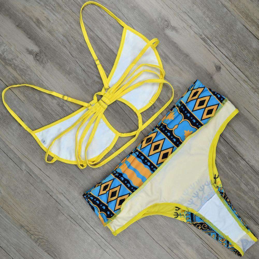 Exotic Yellow Bikini High Waist Bikini Patterned Strap Swimsuit Set - B&R  African Styles