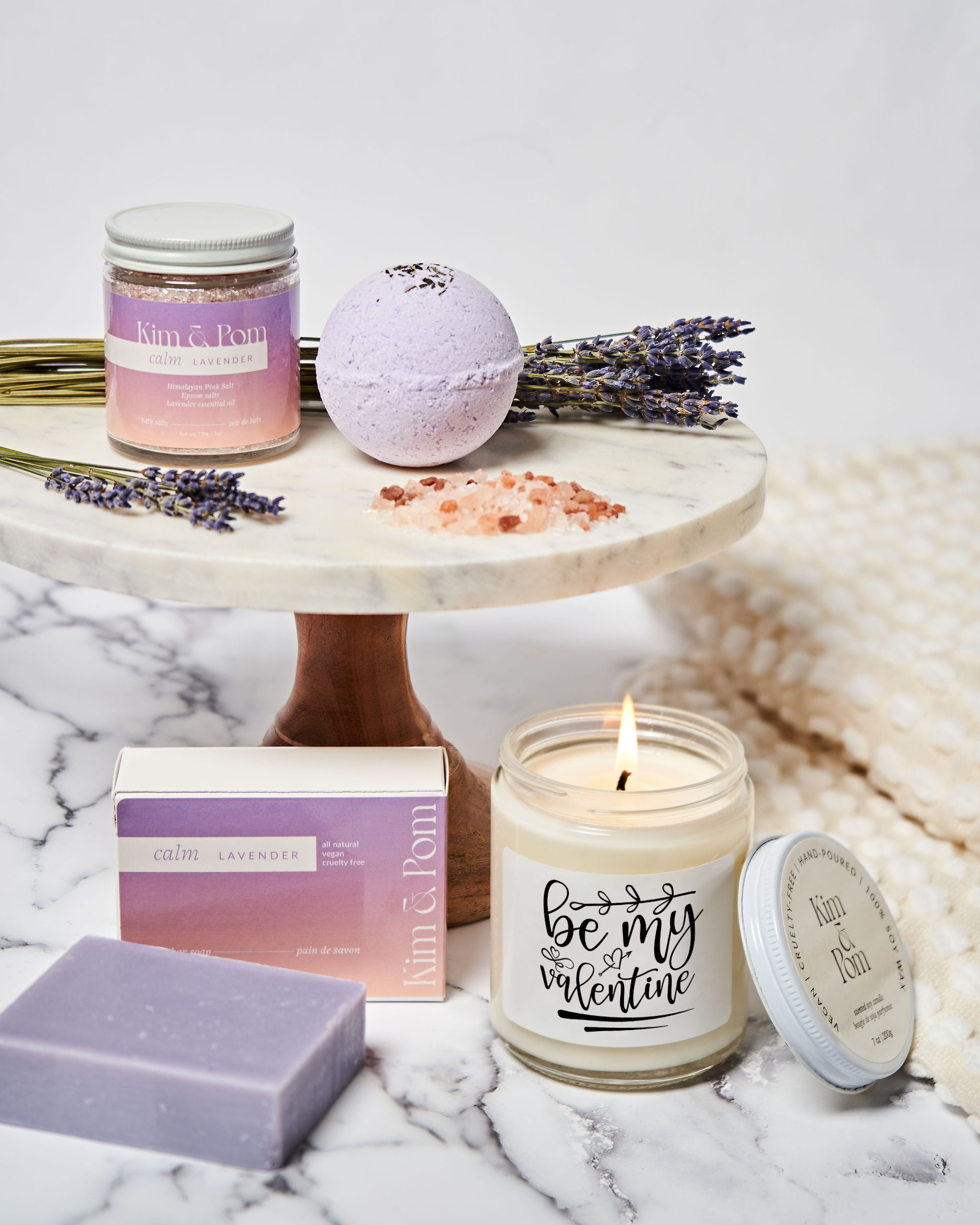 Be My Valentine candle with lavender spa products.