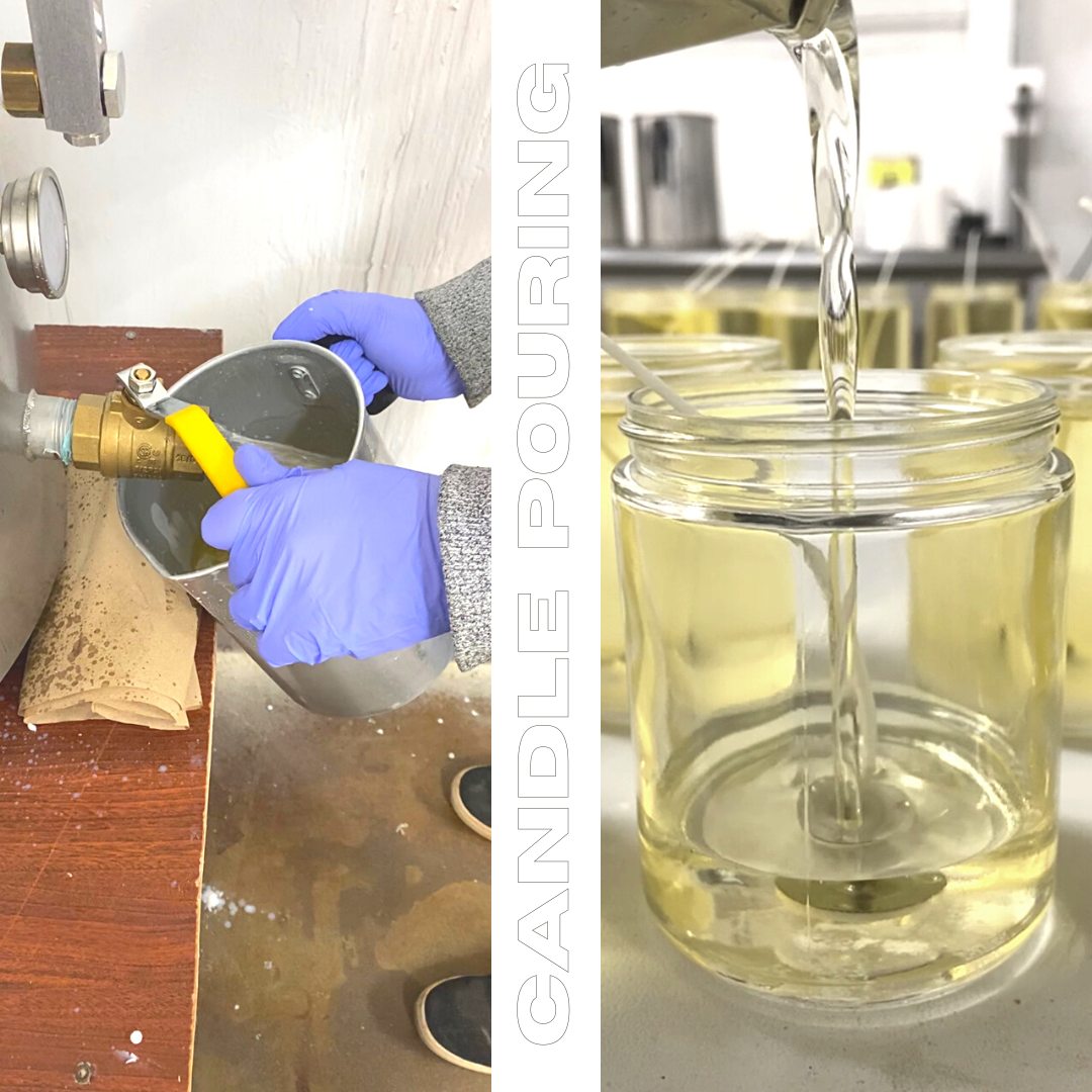 Two images separated by a white line. The image on the left is a machine being used to pour wax into a grey container. The image on the right is the same grey container being used to pour wax into a clear candle jar.