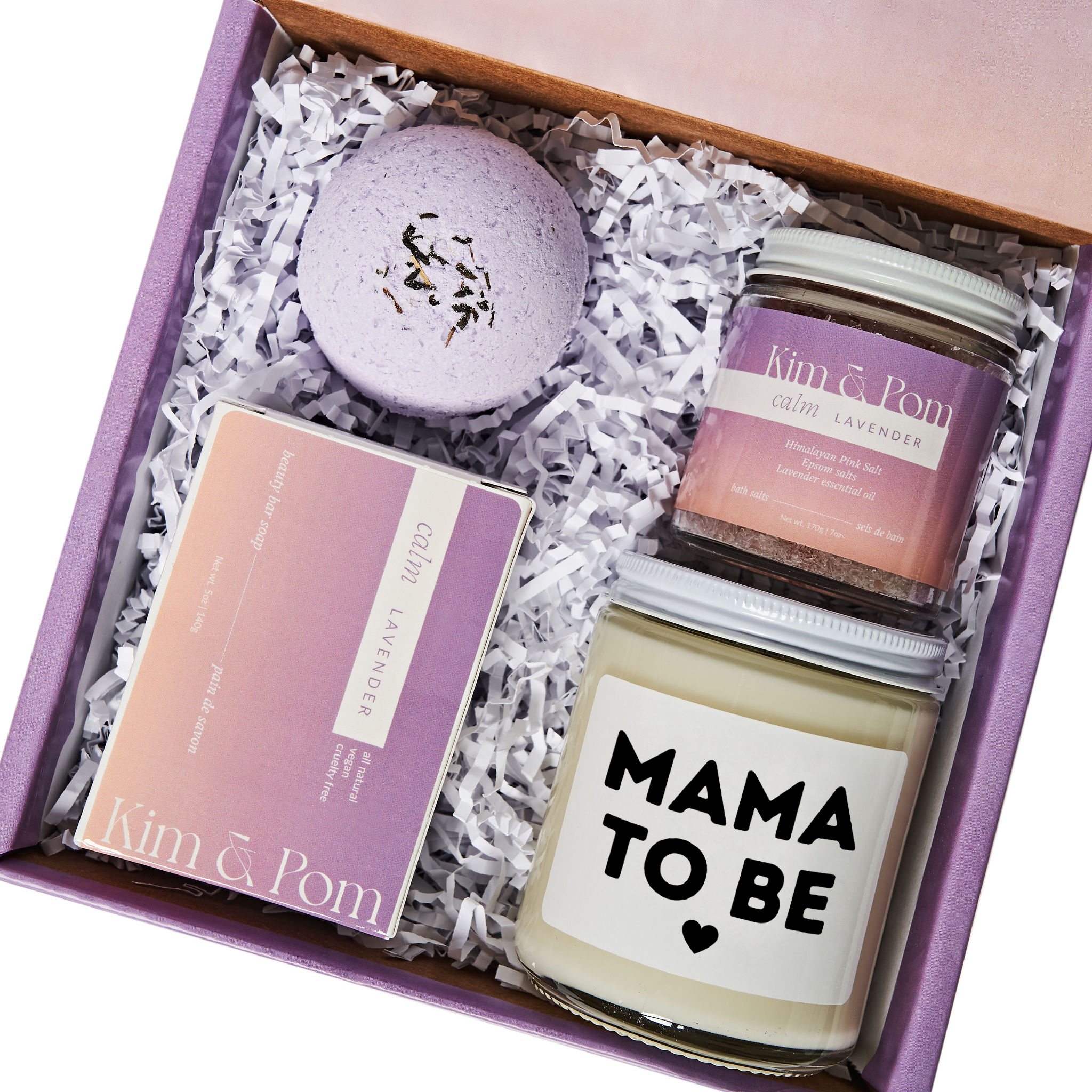 Lavender gift box with a candle that has black text reading "Mama To Be" and a black heart underneath.