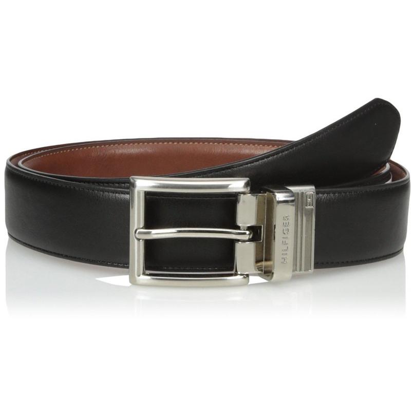 Tommy Hilfiger Men's Dress Reversible Belt with Polished Nickel Buckle Black/Tan 11TL08X013