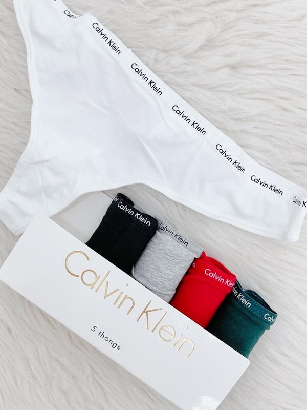 APLAZE | Calvin Klein Women's Signature Cotton Thong 5 Pack Panty  White/Black/Grey/Red/Green QD3712-960