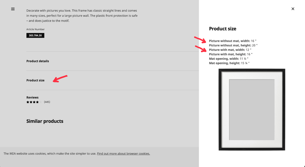 product size location