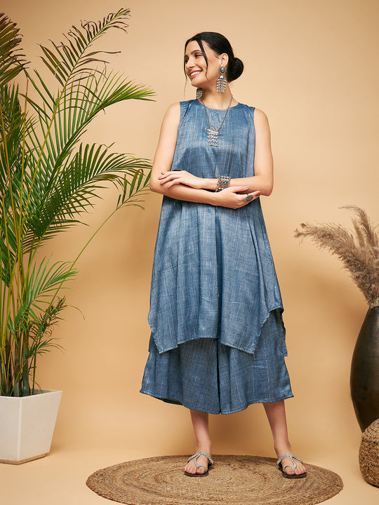 Breezing Light Blue Mandarin Collared Slub Rayon Kurti & Palazzo Pants –  Chandler Fashions