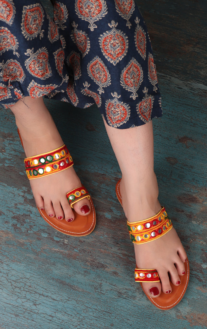 Mirror work Chappals in Yellow - InWeave