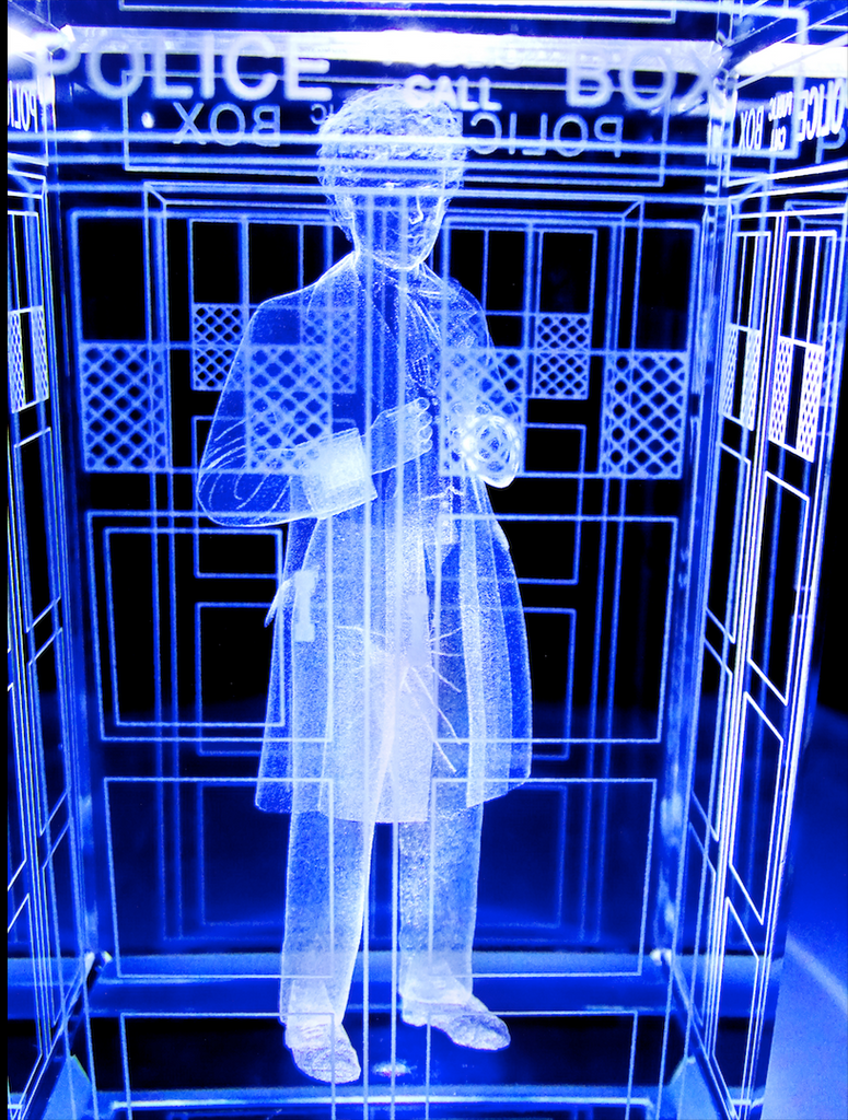 Colin Baker of Doctor Who laser-engraved in a crystal TARDIS replica on an LED-lit base