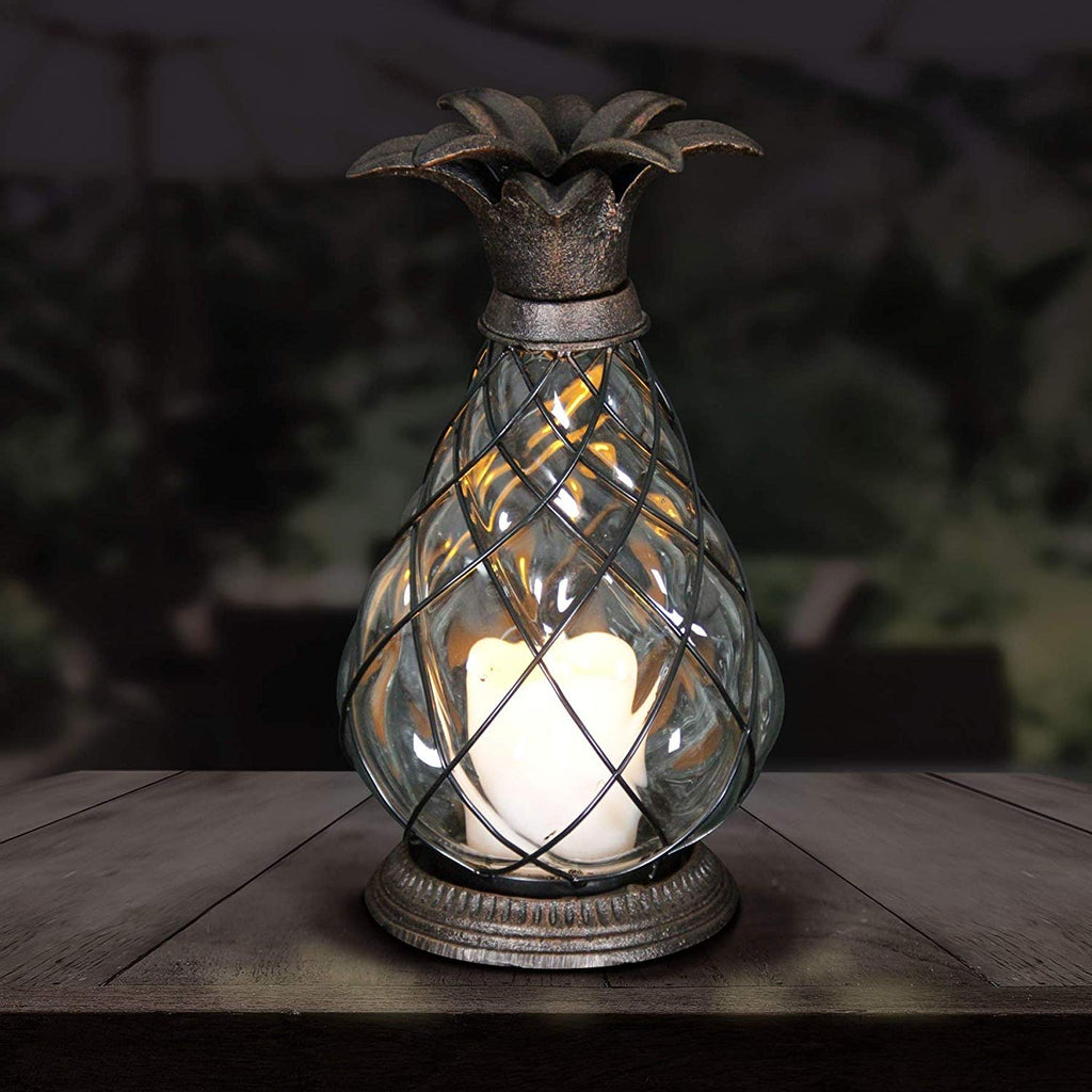 Bronze Pineapple Lantern Battery Operated Timer LED Candle Light Glass Display Lighting Indoor Outdoor Tabletop Centerpiece Garden Decor 10 inch