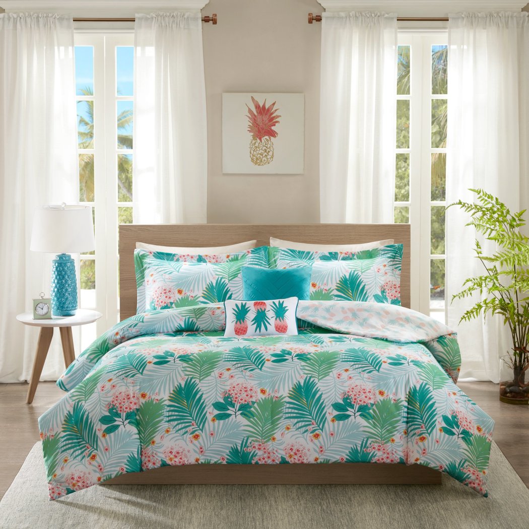 Aqua Motif Natural Comforter Set Full Queen Blue Green Coral Oversized ...