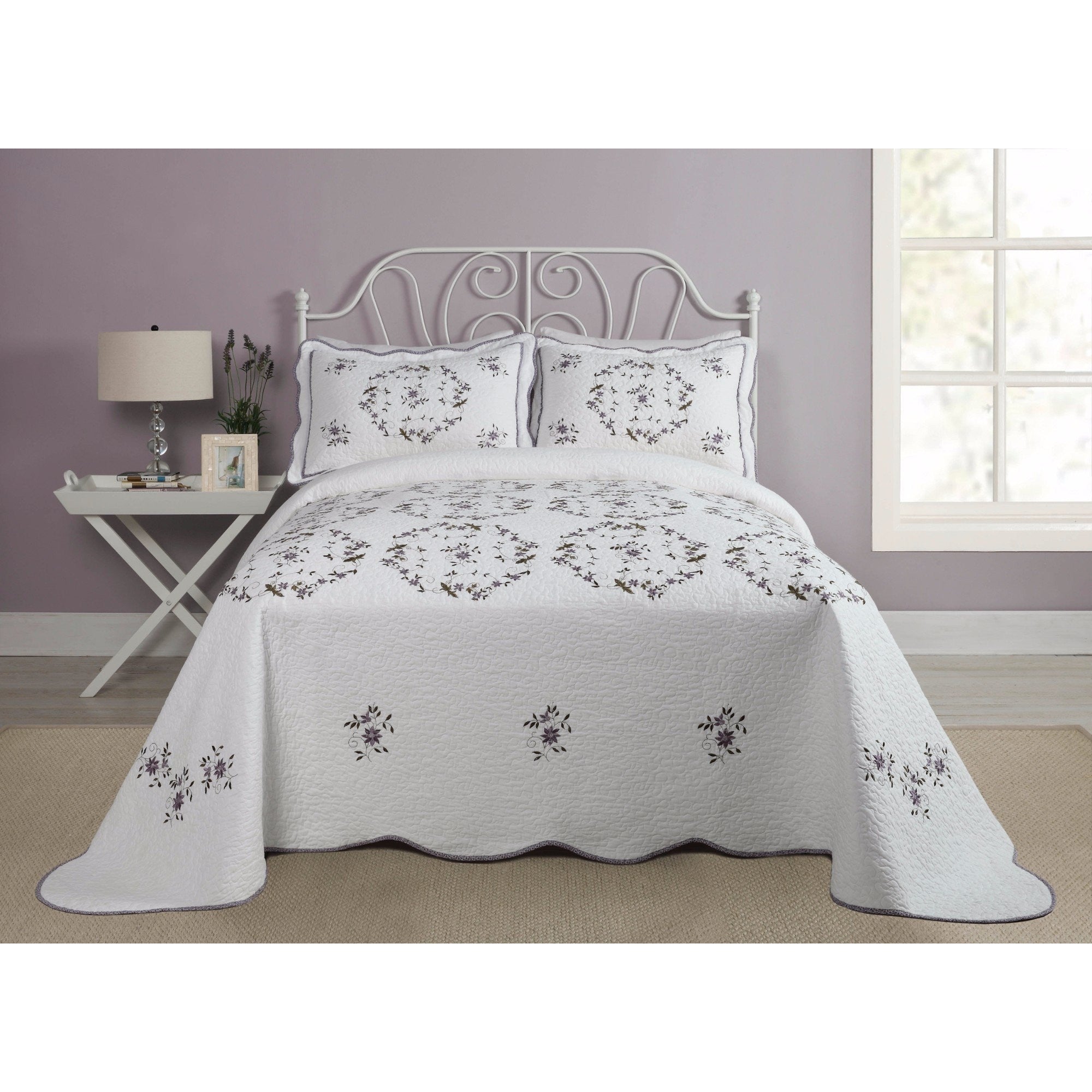 Green Off White Country Floral Oversized Bedspread Purple Trim Classic Diamond Home