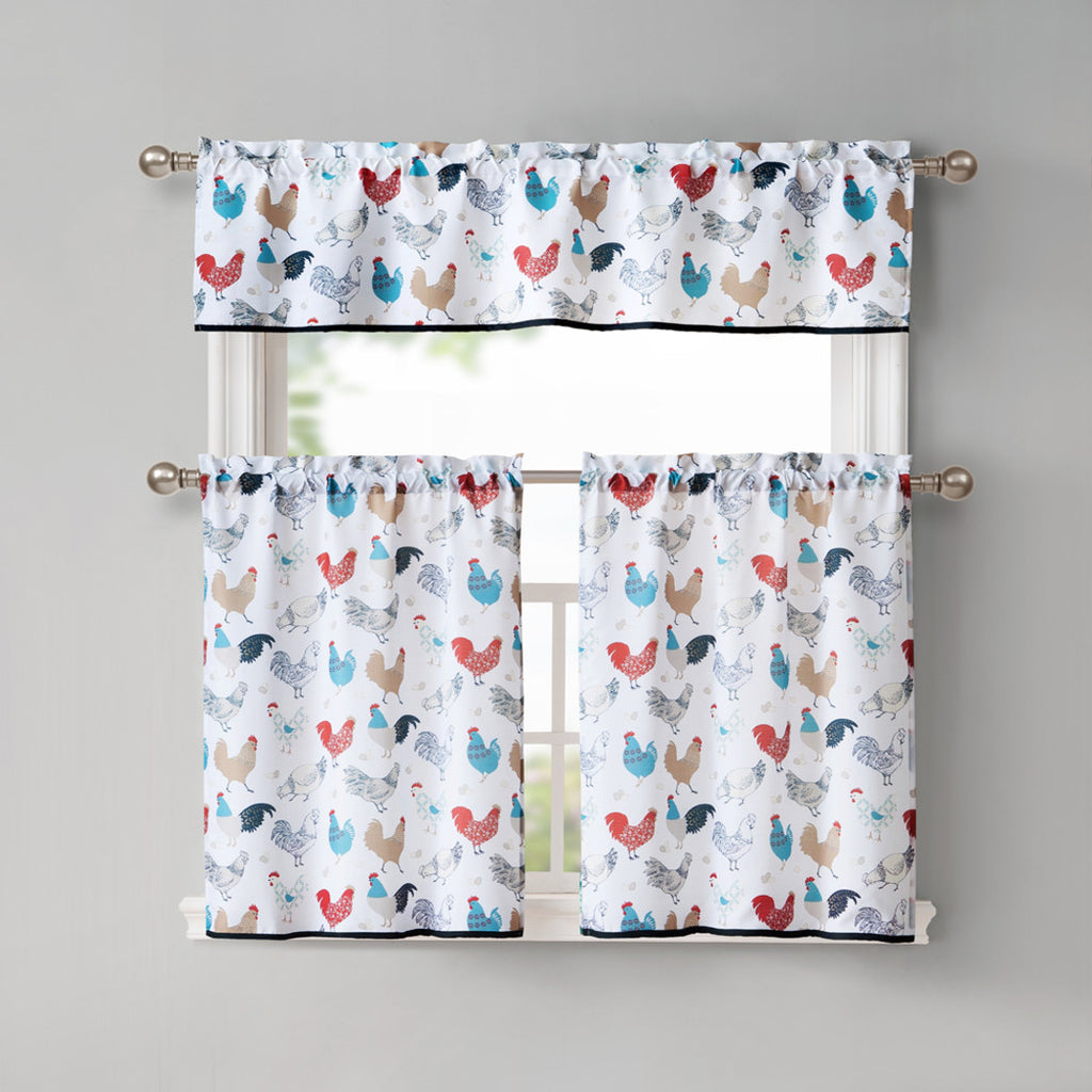 Red Blue Rooster Kitchen Tiers Valance Set 28 X 36 White Color Chicken Diamond Home