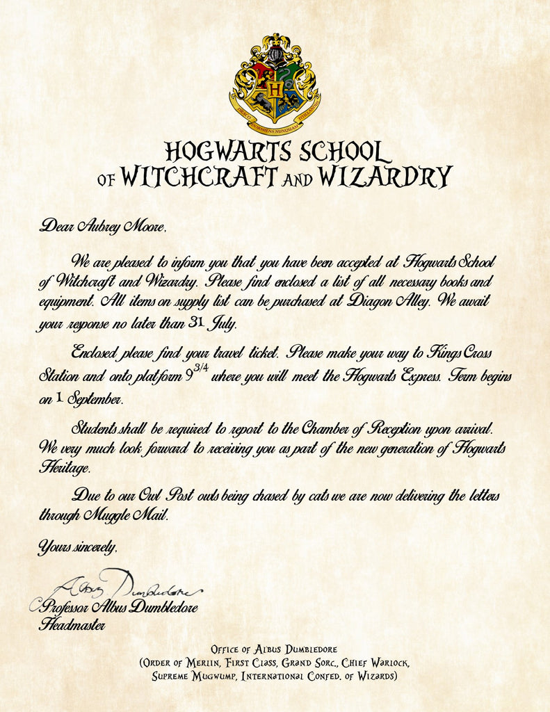 personalized harry potter acceptance letter with envelope from hogwart