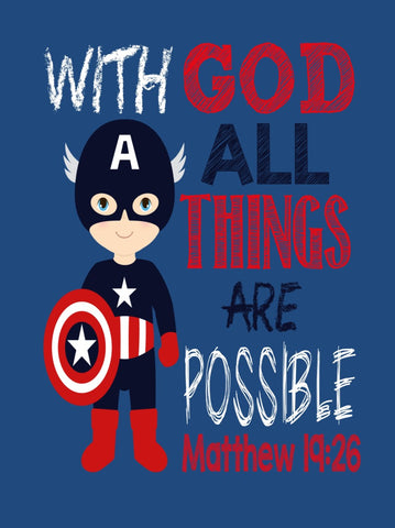 Captain America Superhero Christian Nursery Decor Print - With God All